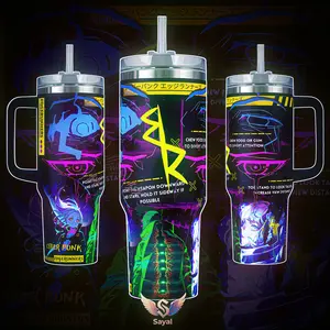 Lucy David Rebecca Cyberpunk Edgerunners 40 oz Tumbler Vibrant Neon Aesthetic Japanese Text Design Vacuum Insulated Travel Mug with Handle 18/8 Steel Keeps Drinks Cold 12H+ Anime Gaming Merch for Cosplayers Sci-Fi Fans Gift for Fans