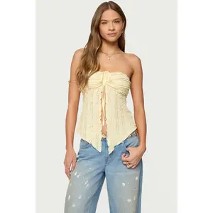 Textured Ruffle Split Front Strapless Top