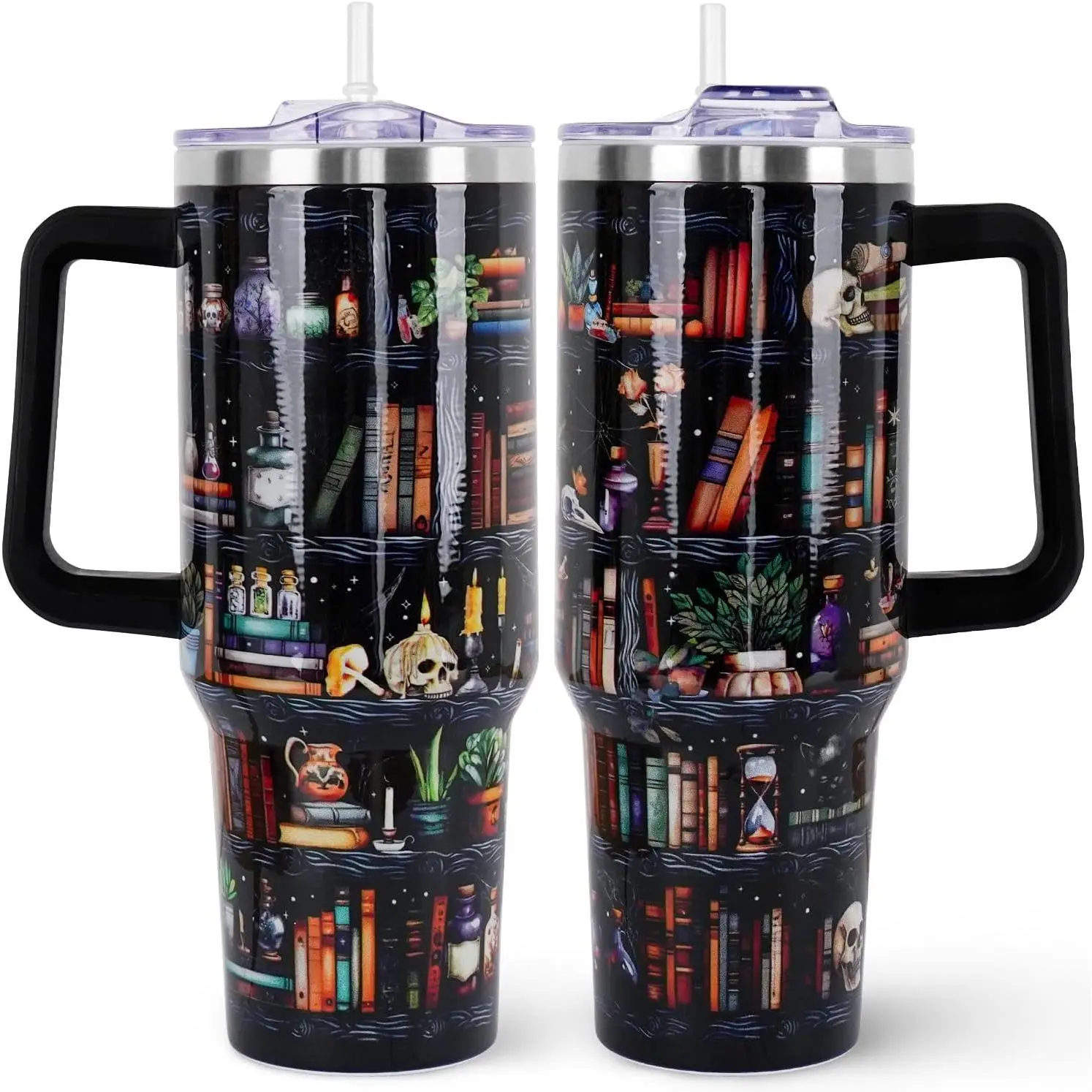 40oz Vacuum Insulated Stainless Steel Water Bottle - Leak-Proof Kitchenware Drinkware, Straw Cap, Handle for Portability, Bookish Skull Art Accessory, Gift for Book Lovers, Insulated Water Cup, Drinkware Must Haves, Solid