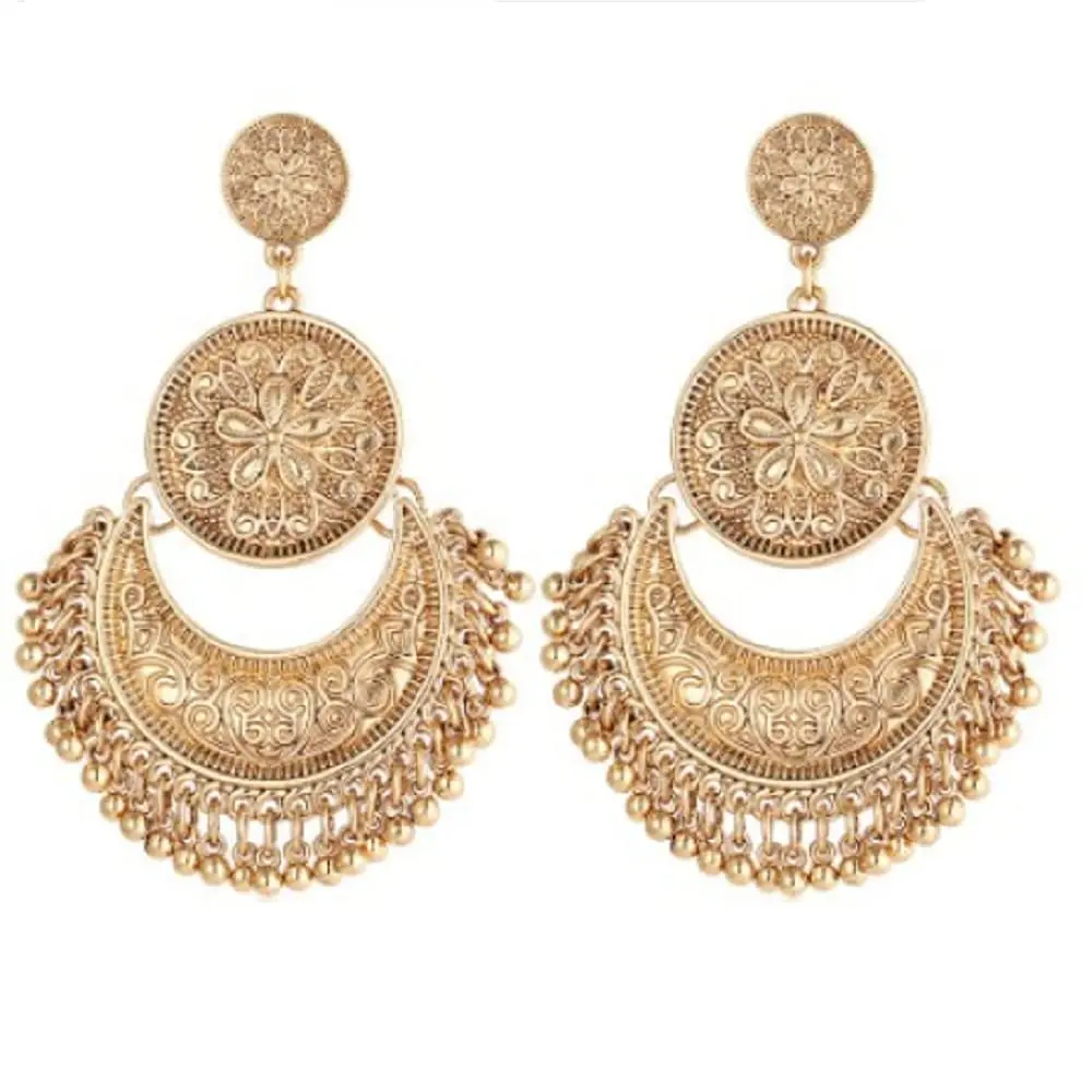 Antique Ethnic Brocade Mexican Gypsy Style Engraved Lotus Hook Dangling Earrings For Women