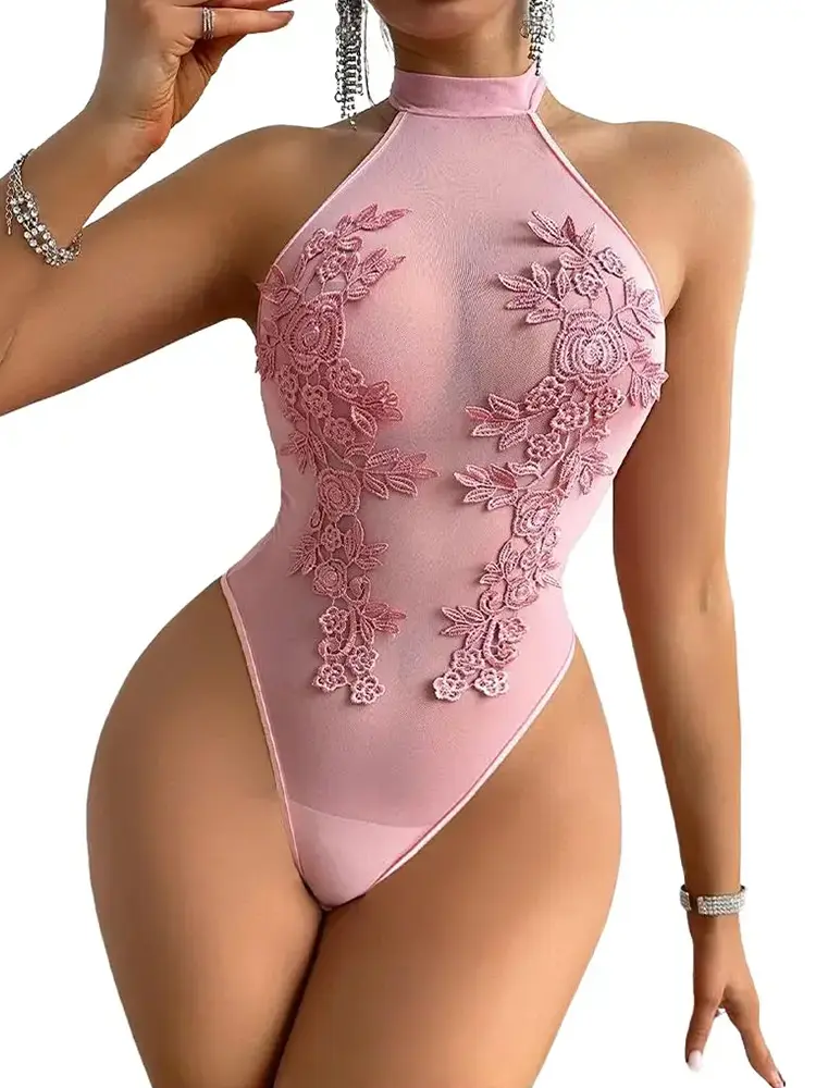 Women's Floral Embroidered Mesh Halter Bodysuit - High Neck, Sleeveless 1-Piece Lingerie for Party, Festival Outfits & Layering