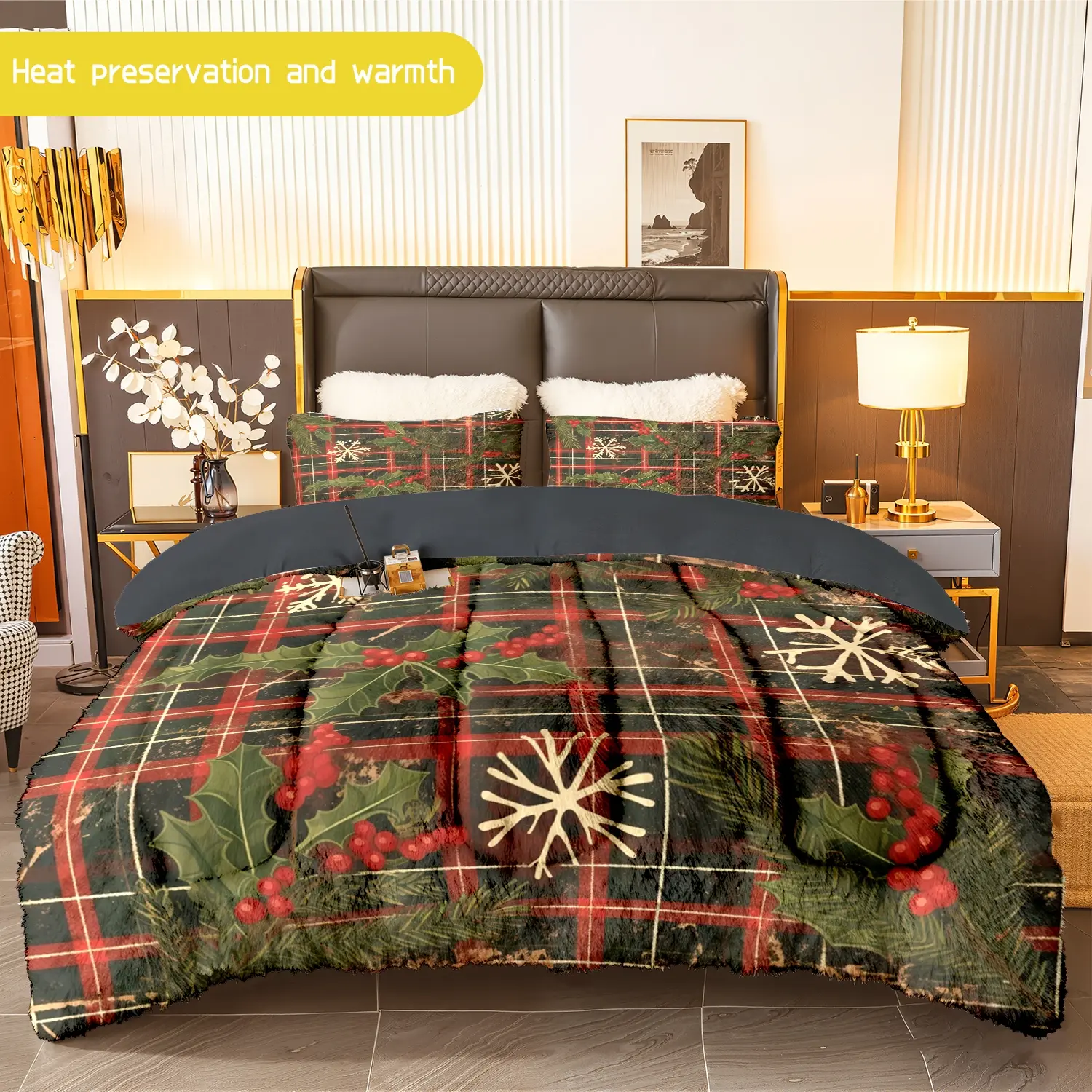 3pcs (1 comforter + 2 pillowcases) Christmas Plaid Flannel & Milk Velvet Comforter Set, Soft Warm Cozy Bedding Set, Trendy Winter Bedding Essentials