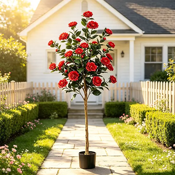 63 Inch Artificial Red Camellia Tree, 5.3FT Lifelike Potted Fake Flower Tree, Real Touch Faux Camellia Plant for Indoor Living Room Entryway Home Decor