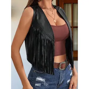 Womens Faux Leather Tassel Vest 70s Hippie Costume Sleeveless Cowgirl Western Outerwear