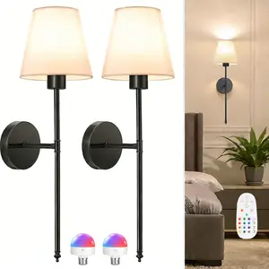 Set of 2 Battery-Powered Wall Light Fixtures/Rechargeable Dimmable 15-Color LED Remote-Controlled Lights Includes Remote Control, Adhesive Pads and Linen Lampshade Cover Semi-Recessed Installation Modern Style for Bathroom and Living Room Dimmable lights