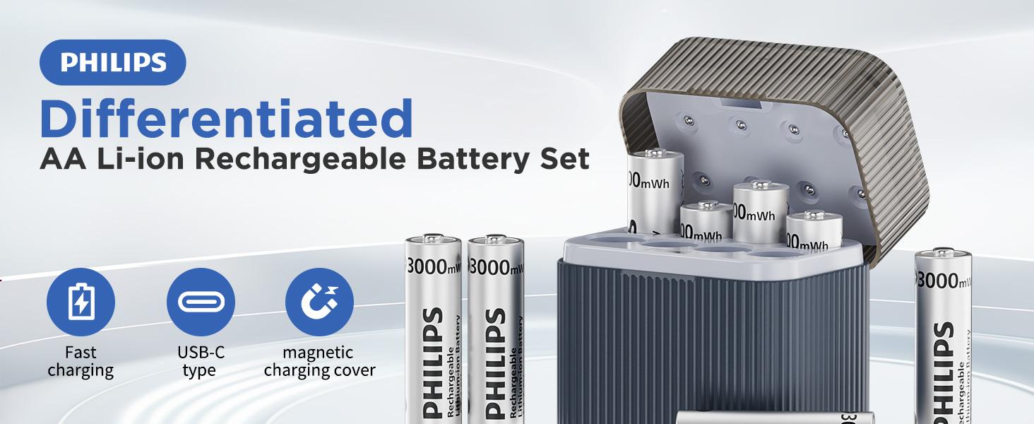 Philips Rechargeable AA Lithium Batteries with Charger 8 Pack - 1.5V 3000mWh High Capacity Li-ion Double A Batteries 1200 Cycles Fast Charging for Xbox/Blink/Solar Lights Philips Rechargeable AA Lithium Batteries with Charger 8 Pack - 1.5V 3000mWh High Capacity Li-ion Double A Batteries 1200 Cycles Fast Charging for Xbox/Blink/Solar Lights