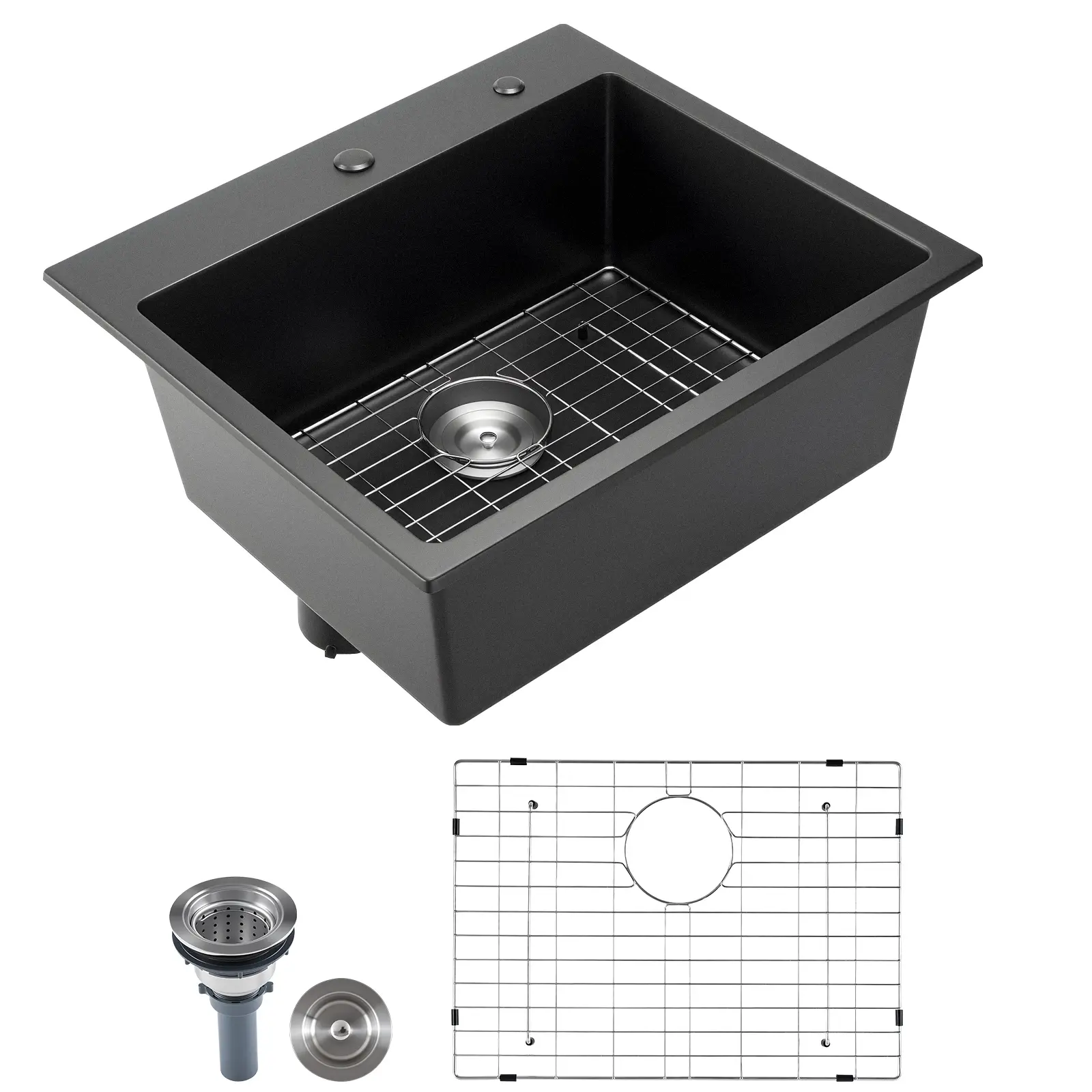 25 inch Kitchen Sink Workstation, Top Mount Granite Sinks, Drop-In Single Bowl Farmhouse Basin with Multiple Accessories, Household Dishwasher Sinks for RV, Prep Kitchen, and Bar (Black)