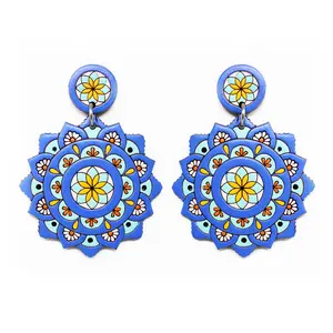 Wooden Stud Dangle Earrings Handmade Mandalas Multicolor, Fairtrade Lightweight by Florama Natural Jewelry
