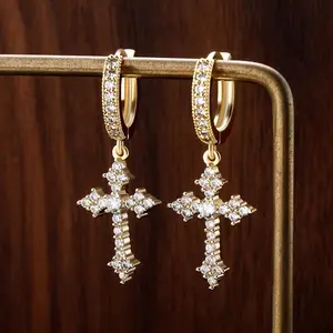 “Iced Out Cross Huggie Earrings | Gold & Silver CZ Religious Statement Jewelry | Edgy Daily & Gift Earrings for Women & Men”