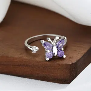 Amethyst Butterfly Fidget Anxiety Rings for Women Sterling Silver Plated CZ Rotate Freely Spinner Stress Relief Open Stacking Finger Ring Eternity Promise Fashion Imitation Cubic Zirconia Jewelry