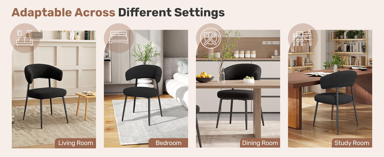 Dining Chairs Set of 4, Mid Century Modern Kitchen Chairs, Boucle Upholstered Dining Chair with Curved Backrest & Metal Legs for Kitchen Dining Room,