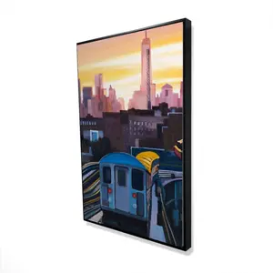 360 Stand Blue-Framed 24x36 in Vibrant Urban Landscape Artwork, Artistic Sunset Over York Subway Print for Home Decor, Colored Wall Arts, Multichromatic Wall Arts