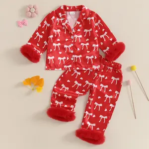 Cute Toddler Baby Girl 2-Piece Valentine Sleepwear Sets - Plush Lapel Long Sleeve Bow Print Top with Pants
