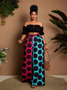 Plus Size Women's Blue Patchwork Polka Dot Wide Leg Pants, Elastic Waist, Casual Summer, Beach Vacation, Date Night, Everyday