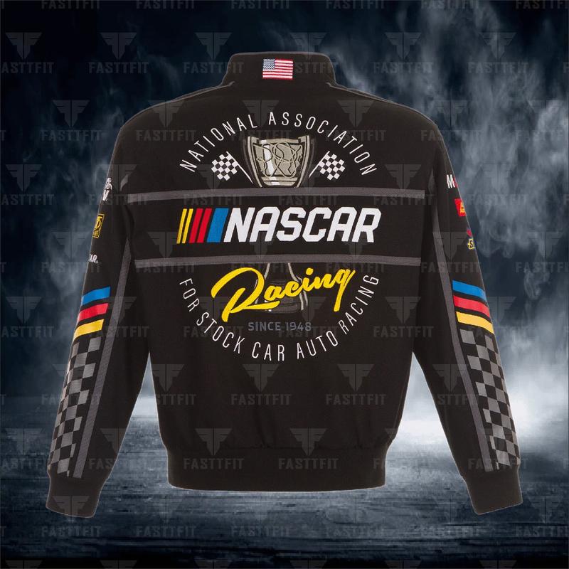 JH Design Black Nascar Twill Driver Uniform Full-Snap Jacket (FREE T-shirt, FREE Beanie Cap, FREE Scarf, FREE Bag)