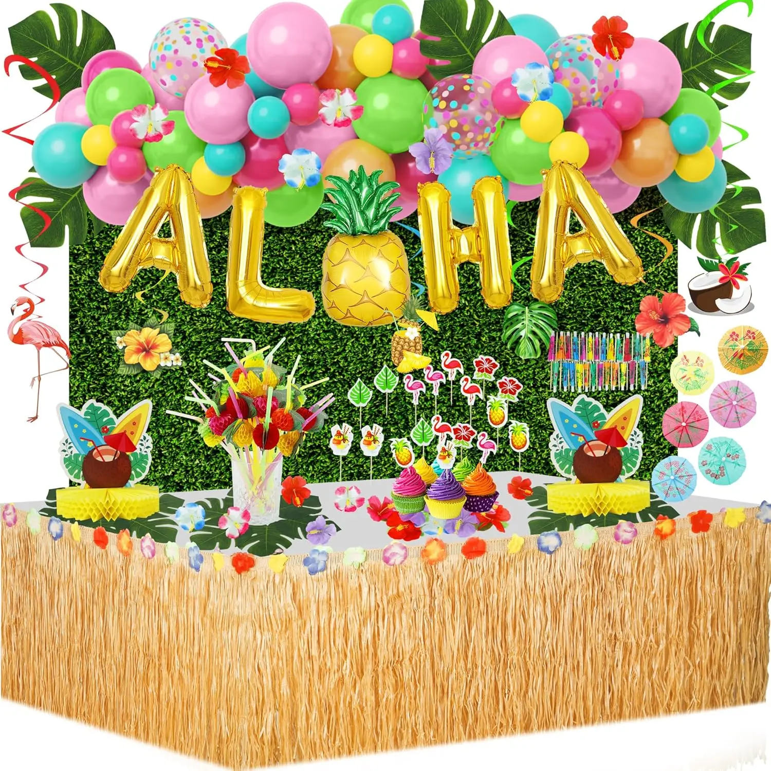 Tropical Summer Hawaiian Luau Party Decorations 153Pcs Set for Beach Birthday Grass Table Skirt Hanging Swirl Balloon Garland Honeycomb Centerpiece Hibiscus Palm Leaves Straws Cake Topper Colorful Gifts, Happy Birthday, Reusable, Balloon Arch Strip, 6" Pi