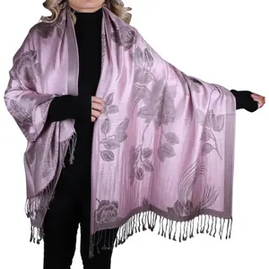 Women Soft Silky Pashmina Reversible Floral Rose Shawl Wrap Scarf w/Fringes