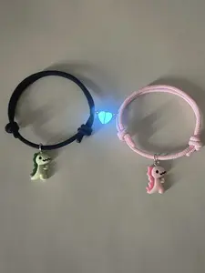 2 Pcs Glow-In-Dark Heart Dinosaur Pendant Couple Bracelet, Cute Handmade Braided Wristband, Valentine's Day Gift, Anniversary Present, Jewelry