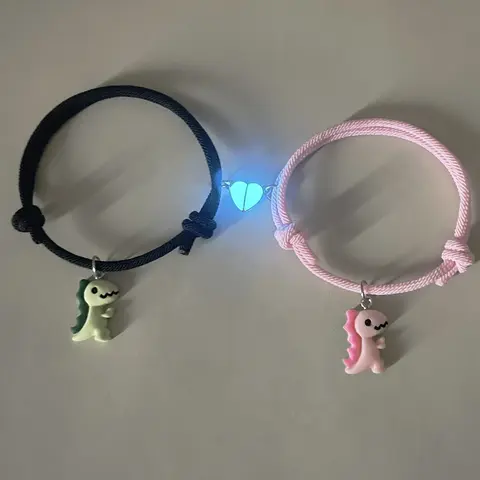 2 Pcs Glow-In-Dark Heart Dinosaur Pendant Couple Matching Bracelet, Cute Handmade Braided Wristband, Valentine's Day Gift, Anniversary Present, Jewelry, Bracelet for Couples