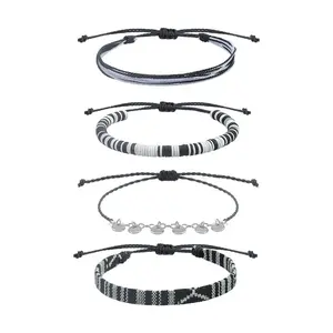 4pc Surfer Anklets for Men Waterproof String Rope Anklets Boho Clay Adjustable Beads Ankle Bracelets Cute Cloth Stainless Steel Anklet Set Beach Summer Jewelry for Women (4pcs boho anklets black)