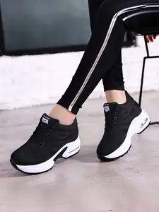Women's Air Cushion Hidden Wedge Lace Up Sneakers | Breathable knit upper, hidden height-boosting design, a delightful surprise gift for best friend's birthday, and a thoughtful choice for Christmas gifts.