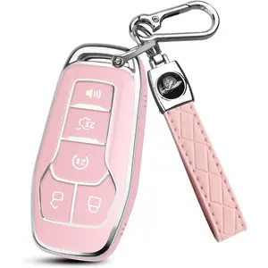 For Ford with Key Chain, Soft TPU Car Key Case Shell for Ford Mustang Fusion Explorer Edge Lincoln MKC MKX MKZ, Full Protector Holder for 5 Button Keyless Entry Remote, Pink