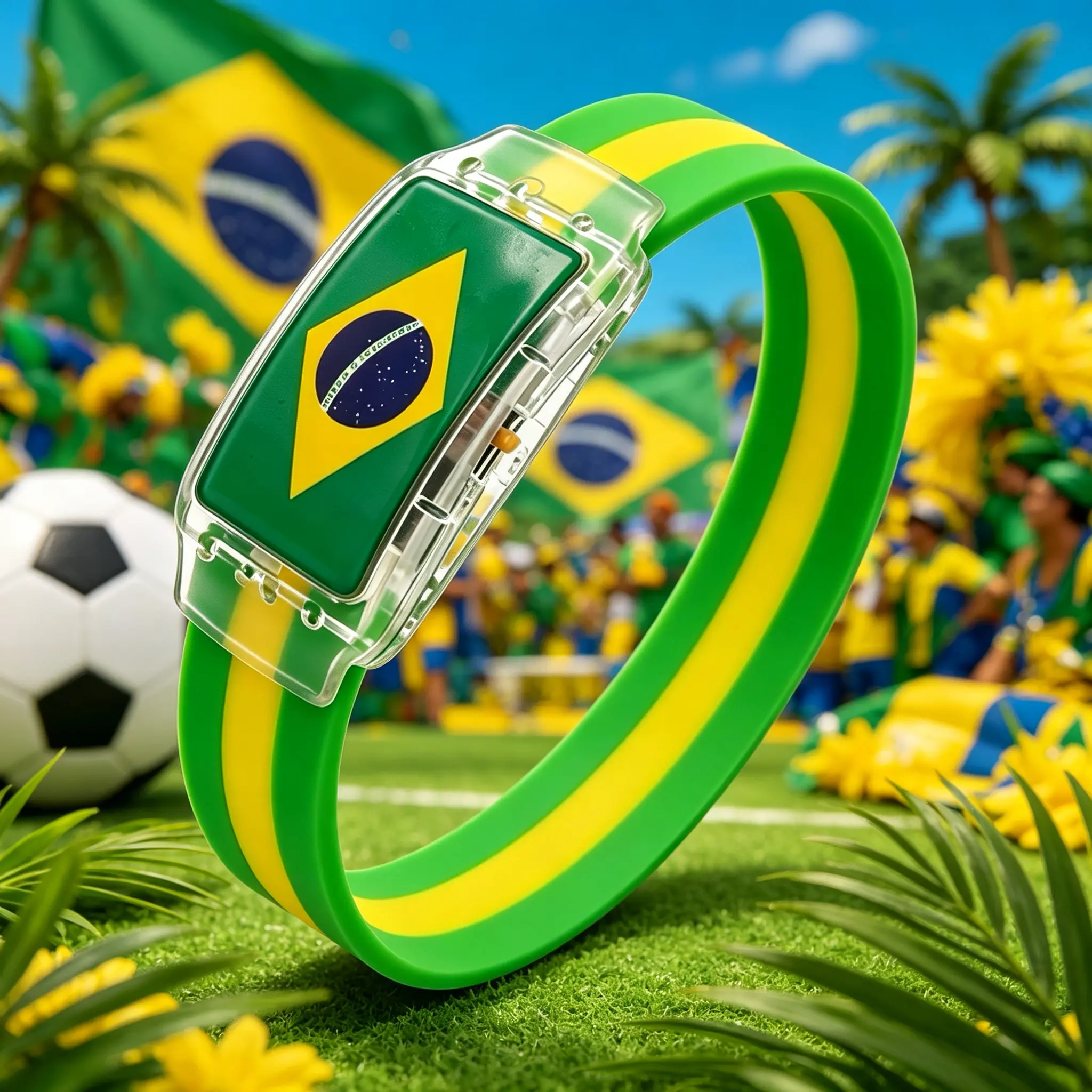 Light Up Brazil Flag Silicone Bracelet LED Glowing Flashing Wristband, Soft Rubber Green Yellow Stripe Wrist Band For Brazilian Football Fans World Sports Event Carnival Festival Party Cheer Decorations