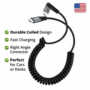 Coiled USB-C to C Cable 100W Fast Charging Durable Stretch Design Right Angle Connector for Car Desk Travel High-Speed Data Transfer Compatible with iPhone 15 Samsung MacBook Tablets