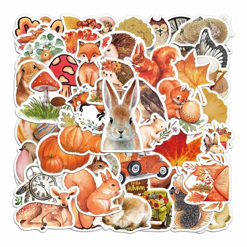 50PCS Autumn Forest Sticker Pack - Woodland Animal Nature Fall Stickers for Phone Cases, Journals, Laptops