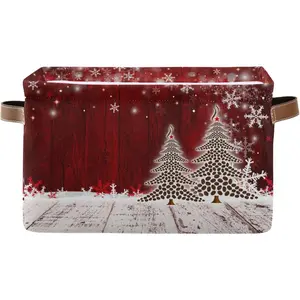 Christmas Basket with Handles, Christmas Coffee Tree Red Wooden Foldable Fabric Collapsible Storage Bins Organizer Bag for Storage Clothes