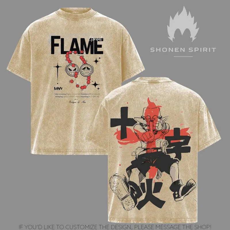 Men's Flame Ace Vintage Oversized Short-Sleeve T-Shirt - OnePiece Washed Casual Streetwear Top, Portgas D. Ace Fire Fist Design Apparel for Anime Collectors, Tshirt, Shortsleeve, Menswear, Distressed, Round Neck