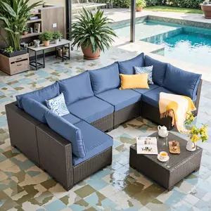 Modern Outdoor Rattan Furniture Set,7-Piece Wicker Outdoor Patio Furniture Sets with Coffee Table,Boho Patio Conversation Set Sectional Sofa with All-Weather Cushions for Backyard,Porch