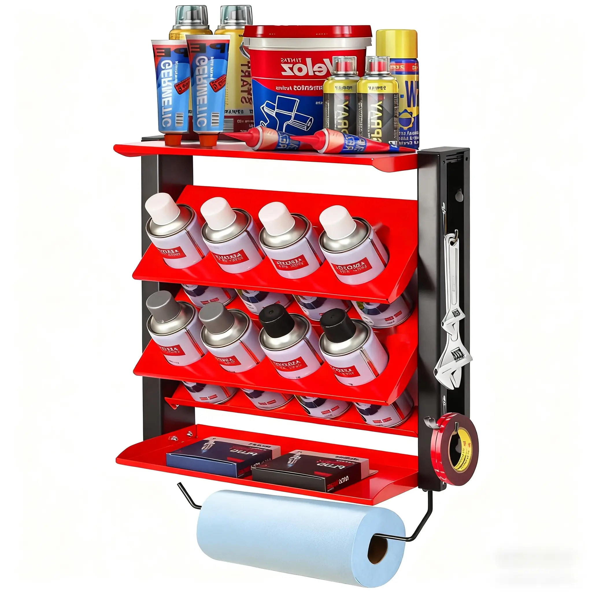 Wall Mounted Spray Can Holder Rack, Holds Up to 100 Lbs, Ideal for Garage Organization, Durable Steel Construction, Display Metal Storage Rack