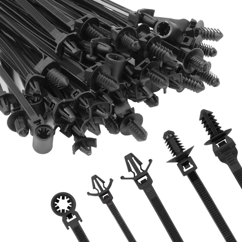 160Pcs Bulk Packs Nylon Universal Management Cable Ties with Push Mount Rivet Buckle, Self-Locking Mounting Clip Cable Ties Compatible with Cars, Boat Trailers, Polaris UTV, Jeep Wrangler