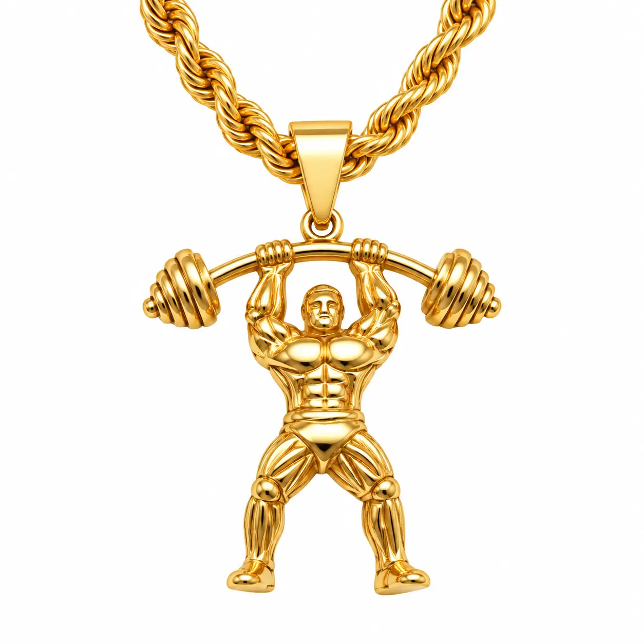 Men's Gold Bodybuilder Torch Pendant Necklace - PVD-Plated Stainless Steel, Non Tarnish, Waterproof Gym Jewelry - 24" 6mm Male Rope Cuban Chain, Non Tarnish Jewelry