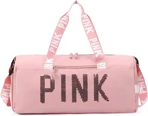 18-Inch Sparkling Sequin Sports Duffle Pastel Embroidered Canvas Tote Bag for Women - Waterproof, Lightweight Gym Weekender Travel Bag with Wet Pocket & Separate Shoe Compartment