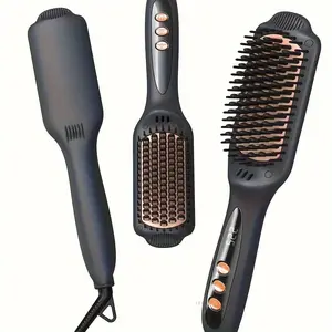 Luxury Hair Straightener Brush - Heated Ceramic Flat Iron with Negative Ions for Smooth, Frizz-Free Hair - Black/Pink, Easy to Use, Time-Saving, and Safe for All Hair Types