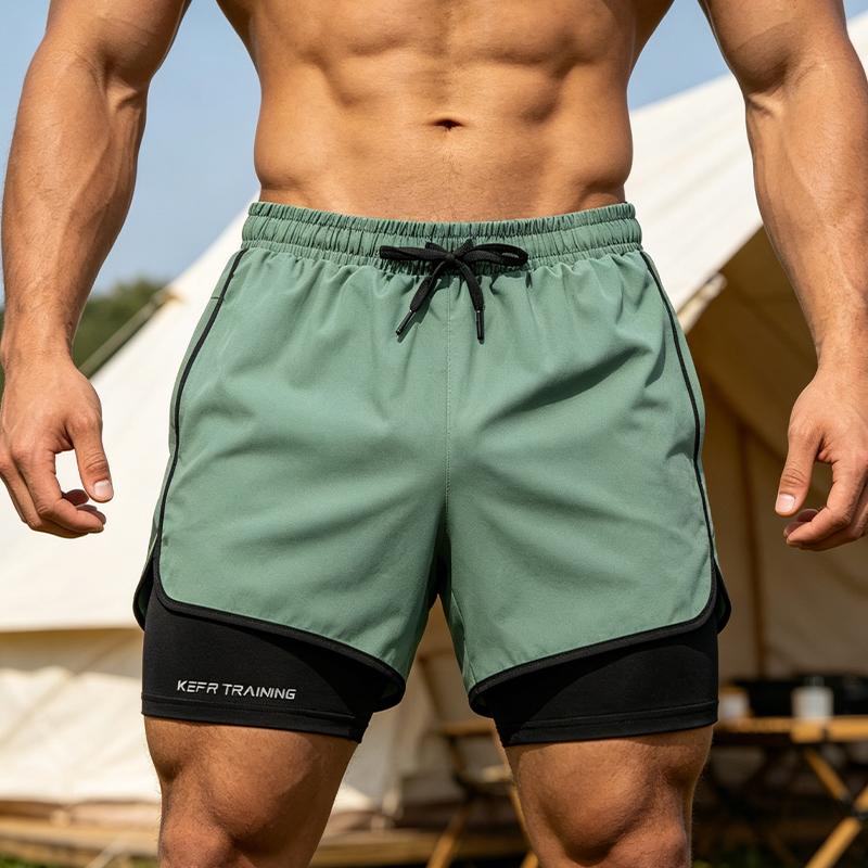 Men’s 2-in-1 running shorts, athletic fitness shorts with pockets, suitable for gym, hiking, and camping