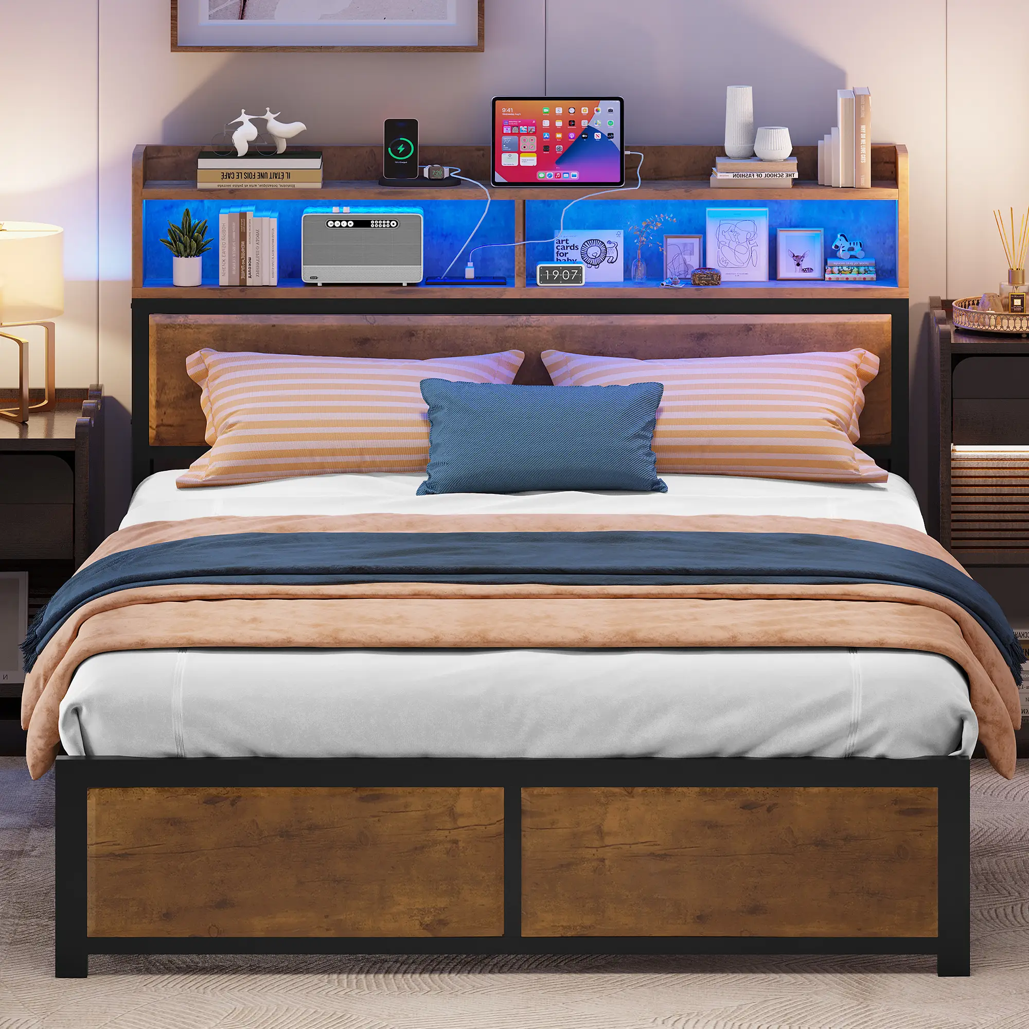DWVO King/Queen Size Bed Frame,LED Bed Frame with Headboard,USB Ports & Charging Outlets,Metal Platform Bed Frame with 2 Tiers Storage Shelves, No Box