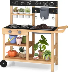 Costzon Wooden Kids Play Kitchen, Outdoor Mud Kitchen with Removable Sink, Water Box & Faucet, Stove Top, Storage Shelves, Fun Backyard Pretend Kitchen Playset dealsforyou