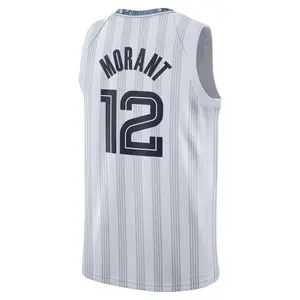 Morant #12 White Gray Swingman Basketball Jersey full logo 2026 – City Edition - Retro Striped Pro Style Hoop Fan Shirt