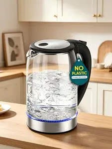 Electric kettle, no plastic contact with water, wide mouth for easy cleaning, auto shut off function, 1.7L capacity tea kettle and hot water boiler, water heater and teapot, made of borosilicate glass, black color, 1500W power