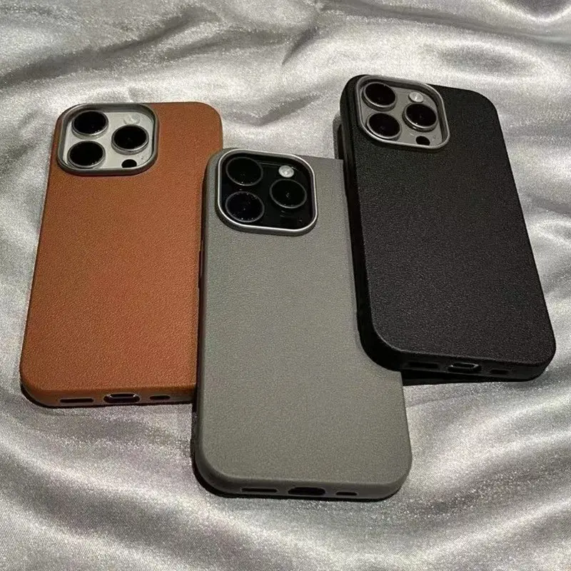 Luxury Matte Litchi Texture Leather Cellphone Cover for iPhone 11-18 Pro Max Plus, Handheld Devices Accessory with Soft Anti-Drop Silicone Shockproof Design, High-Legged Lens Frame Protection & Dustproof Variants for Men