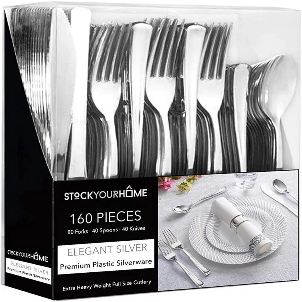 Sleek Heavyweight Silver Plastic Disposable Cutlery Set - 80 Forks (7.35"l), 40 Knives, 40 Spoons (7.0"l), Knives (7.9"l) - For Wedding, Catering Use