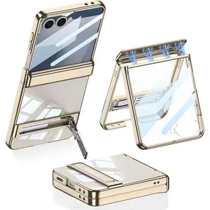 for Samsung Galaxy Z Flip 7 Clear Case with Kickstand & Magnetic Hinge Protection and Screen Protector, Slim Transparent Plating Hard PC Shockproof Cover for Samsung Galaxy Z Flip 7 (Gold)