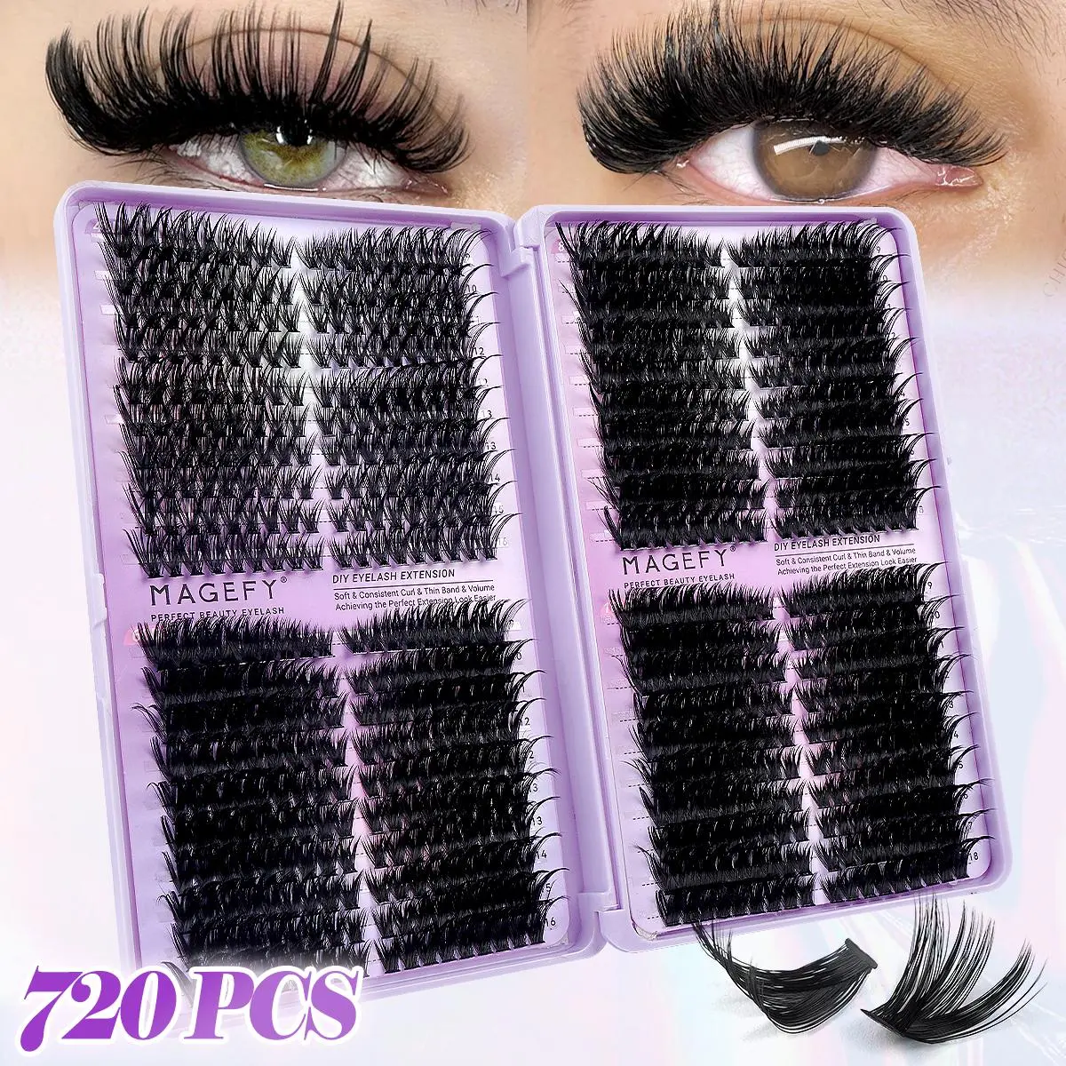 MAGEFY Eyelash Clusters, 720 Cluster DIY Individual Eyelashes of D Curl 9-18mm Mixed (40D+60D+80D), 4 Styles of Lashes to Create Different Lash Extension Effects with Open and Close Dustproof Portable Storage Box, for Women's Beauty Makeup