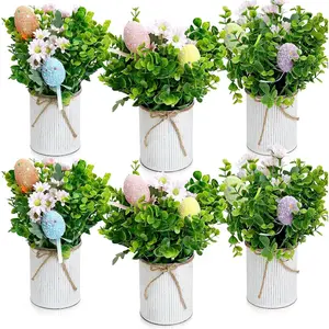 Spring Easter Table Decorations Centerpieces – Set of 6 Pre-Made Eggs Tabletop Arrangements with Rustic Metal Vase for Farmhouse Dining Room Home Kitchen Indoor Party Office Decor