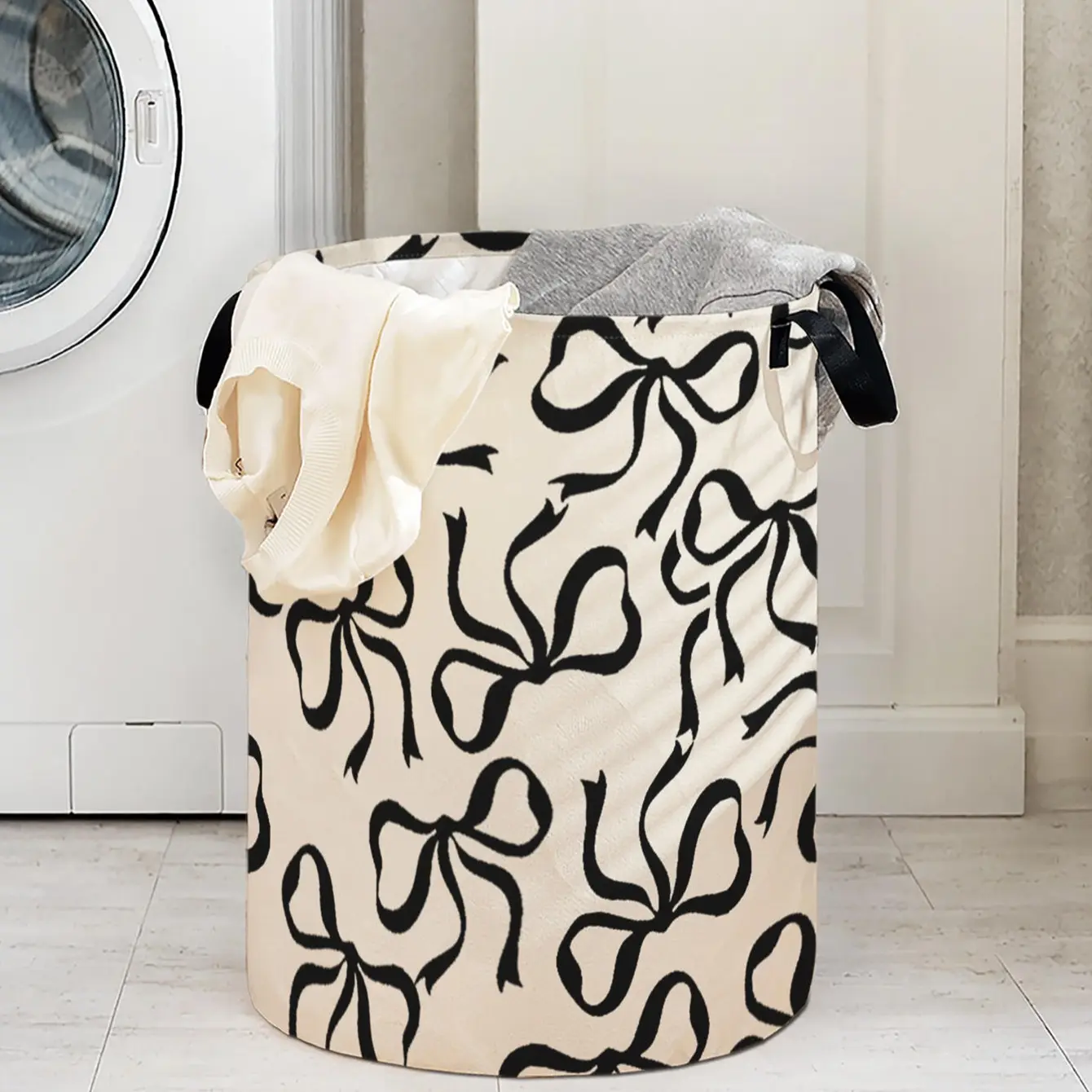 Bow Print Laundry Basket with Handle, Durable Foldable Clothes Storage Bin, Large Capacity Toy Organizer for Home Use, Laundry Hamper, Folding Laundry Basket, Fabric Laundry Basket, Laundry Basket Bag