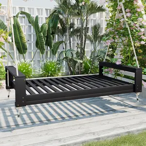 TOPMAX Twin Size Porch Swing Bed Seating Group, Patio Acacia Wood Swing Frame with Hemp Ropes for Garden, Backyard, Black