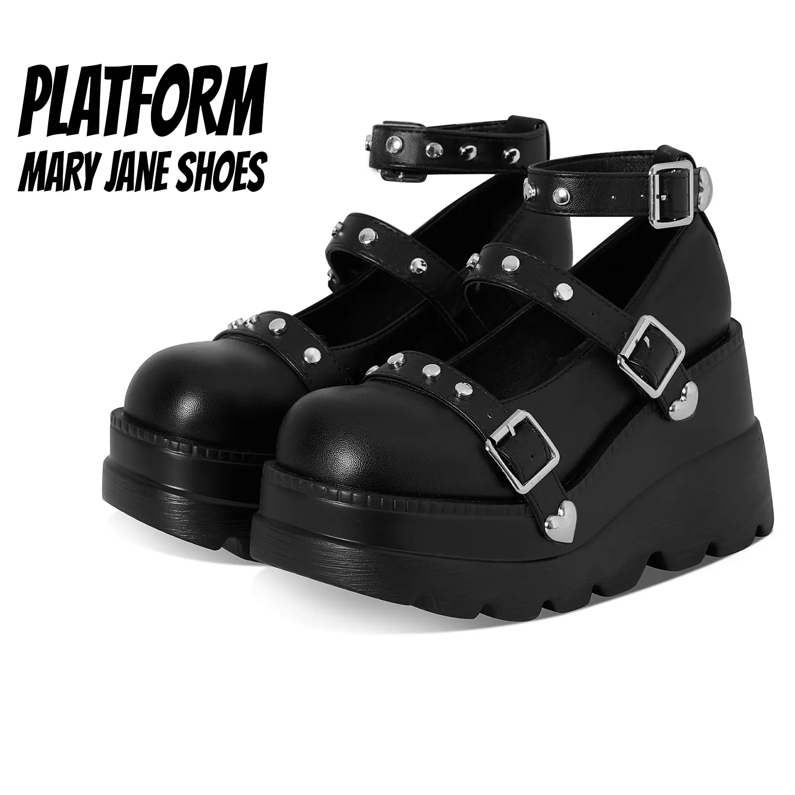 Platform Sandals for Women Round Toe Chunky Block Heel Heart Rivets Adjustable Ankle Bukle Heels Easy Slip on Gifts Party Work Casual Outings Cosplay Goth Travel Dress Mary Jane Shoes